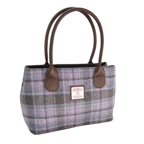 Harris Tweed Cassley Classic Handbag - Elegant Tartan Shoulder Bag - Soft Purple Tartan (COL155)